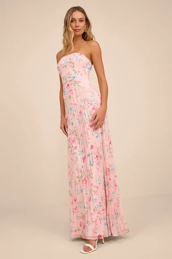 Celebratory Aesthetic Pink Floral Pleated Strapless Maxi Dress sold by Lulus product image thumbnail 4