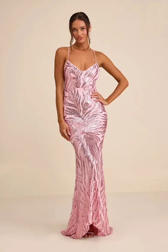 Sparkle 'til Dawn Light Pink Sequin Lace-Up Mermaid Maxi Dress sold by Lulus