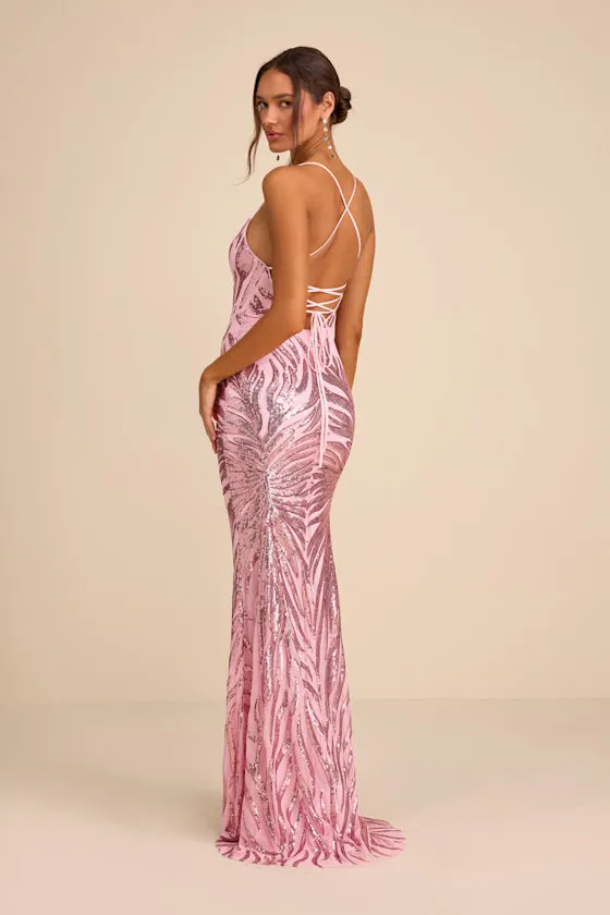 Sparkle 'til Dawn Light Pink Sequin Lace-Up Mermaid Maxi Dress sold by Lulus product image thumbnail 3