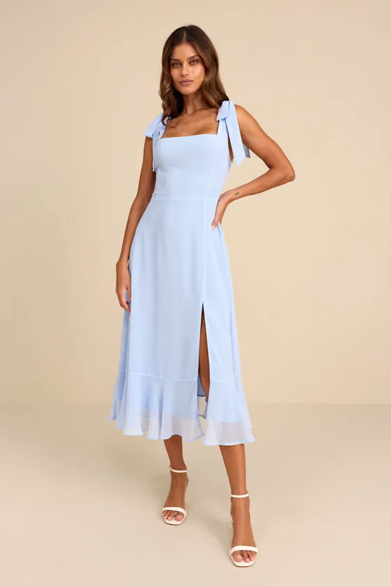 Summer Invite Light Blue Tie-Strap Tiered Midi Dress sold by Lulus