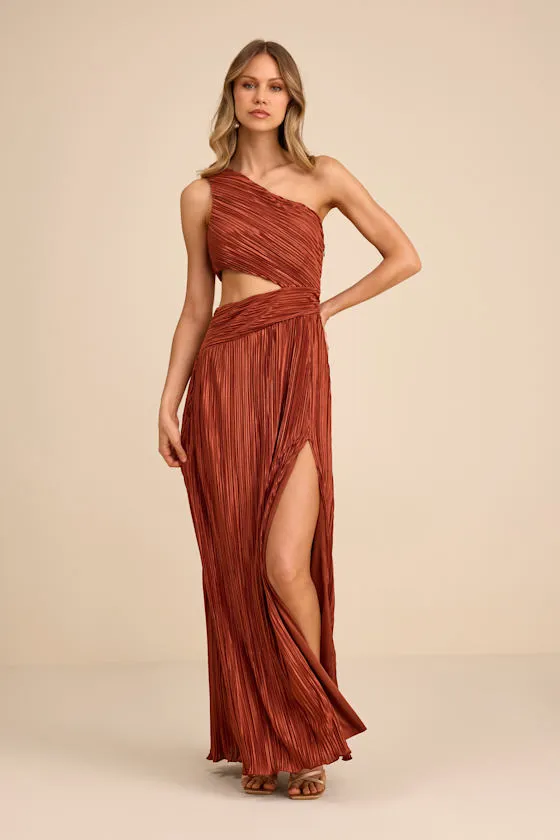 Rocca Rust Plisse Pleated Cutout One-Shoulder Maxi Dress sold by Lulus