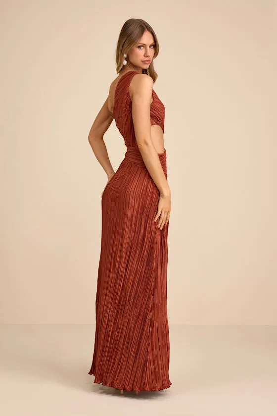 Rocca Rust Plisse Pleated Cutout One-Shoulder Maxi Dress sold by Lulus product image thumbnail 4