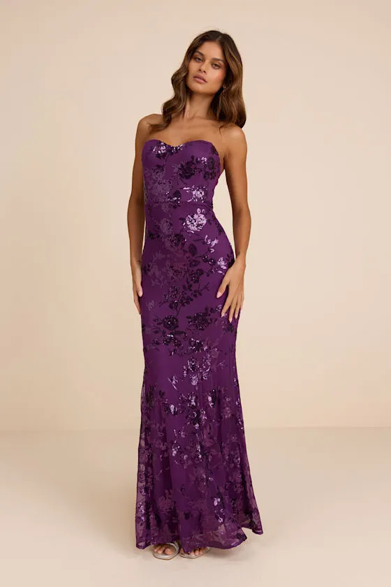 Mayley Purple Sequin Strapless Maxi Dress sold by Lulus