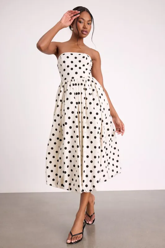 Terrance Ivory Polka Dot Strapless Bubble-Hem Midi Dress sold by Lulus