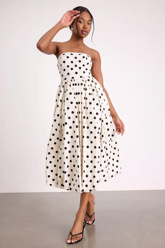 Terrance Ivory Polka Dot Strapless Bubble-Hem Midi Dress sold by Lulus
