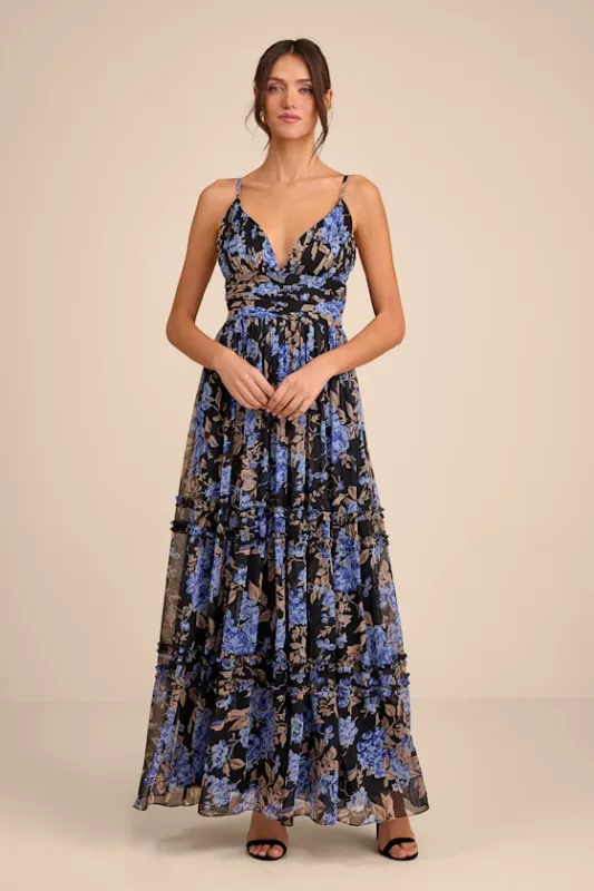 Niora Black and Blue Floral Pleated Maxi Dress sold by Lulus