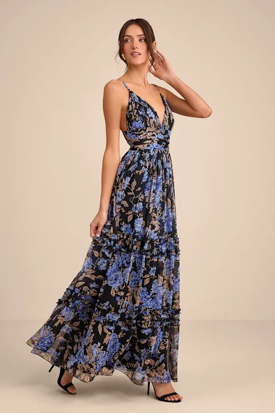 Niora Black and Blue Floral Pleated Maxi Dress sold by Lulus product image thumbnail 4