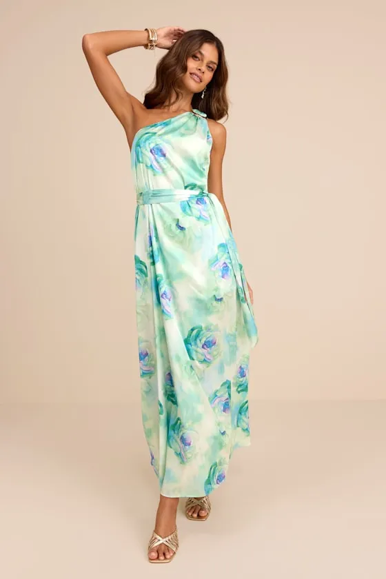 Goddess Aura Light Green Floral Satin One-Shoulder Maxi Dress sold by Lulus