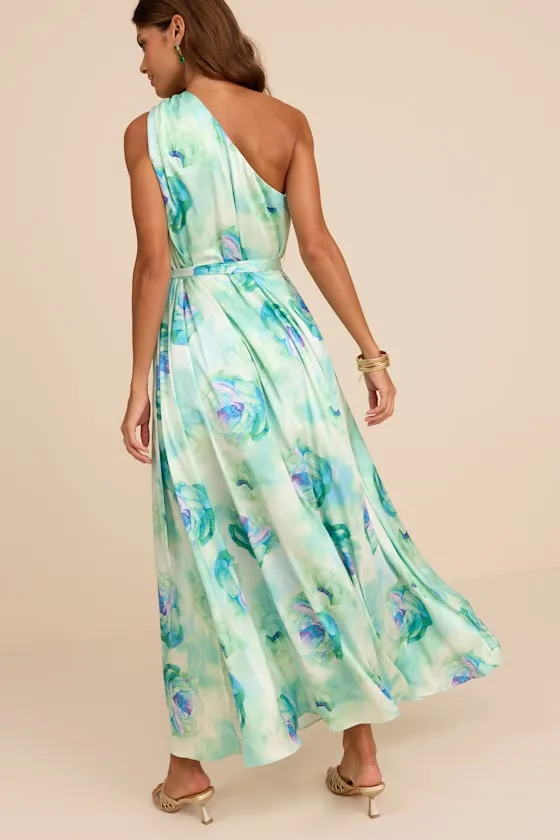 Goddess Aura Light Green Floral Satin One-Shoulder Maxi Dress sold by Lulus product image thumbnail 3
