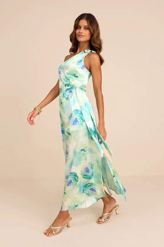 Goddess Aura Light Green Floral Satin One-Shoulder Maxi Dress sold by Lulus product image thumbnail 4