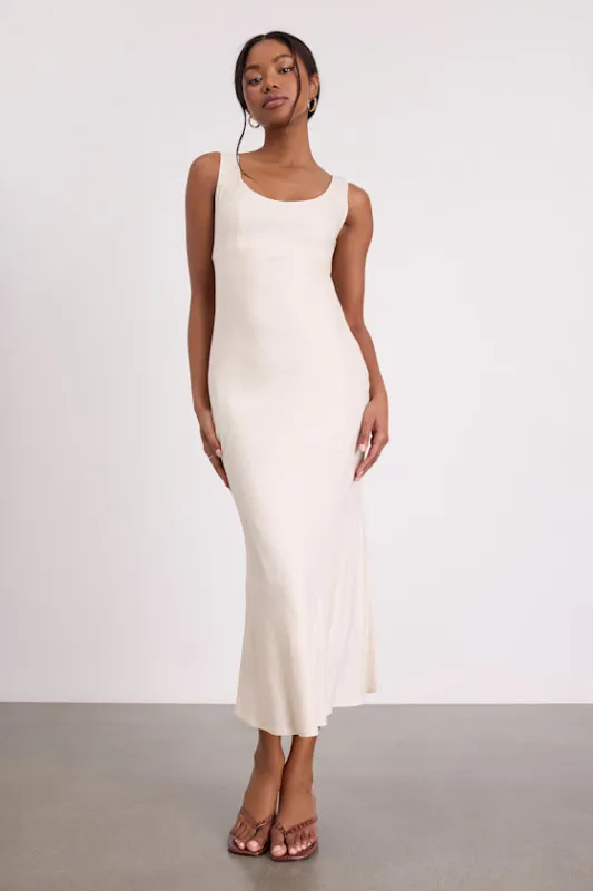 Catia Light Beige Linen Scoop Neck Midi Dress made by Lulus