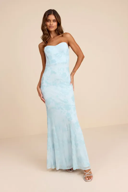 Mayley Light Blue Sequin Strapless Maxi Dress sold by Lulus