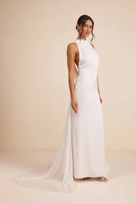 Perilla White Satin Mock Neck Column Maxi Dress sold by Lulus