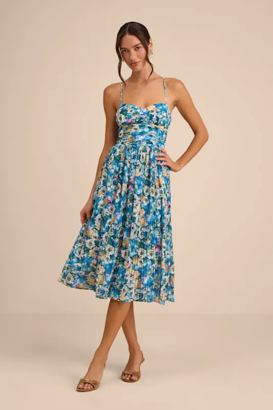 Aleyna Blue Multi Abstract Pleated Lace-Up Bustier Midi Dress sold by Lulus