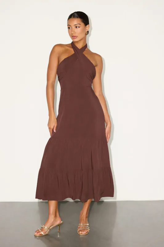 Always Eye-Catching Brown Tiered Halter Midi Dress made by Lulus