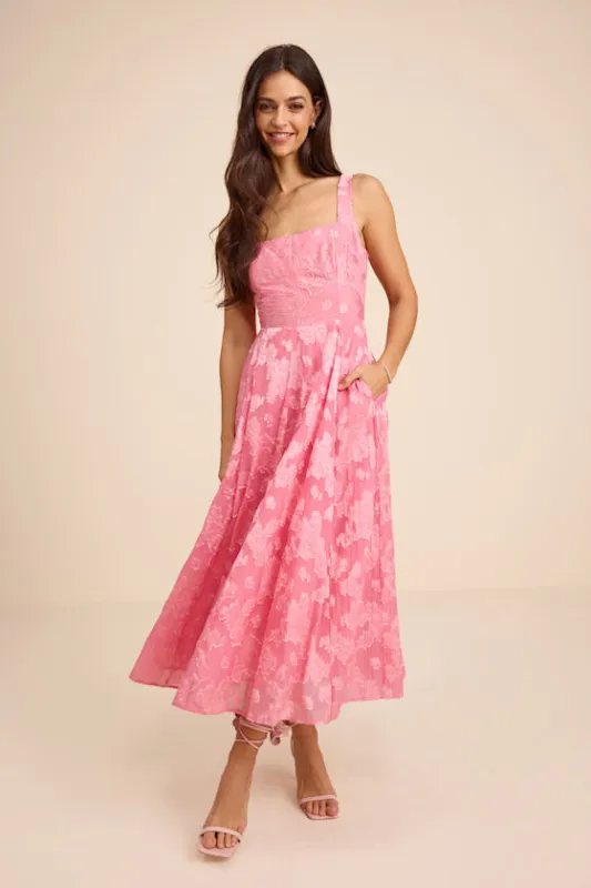 Loira Pink Burnout Jacquard Lace-Up Midi Dress sold by Lulus
