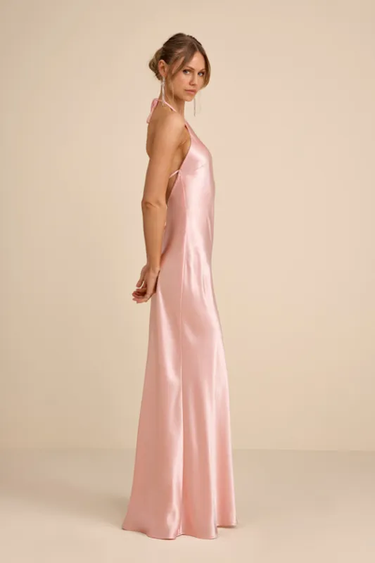 Magnificence Blush Pink Satin Backless Halter Maxi Dress made by Lulus