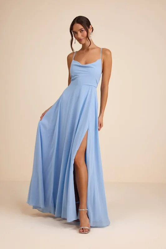 Romantically Speaking Powder Blue Cowl Lace-Up Maxi Dress sold by Lulus