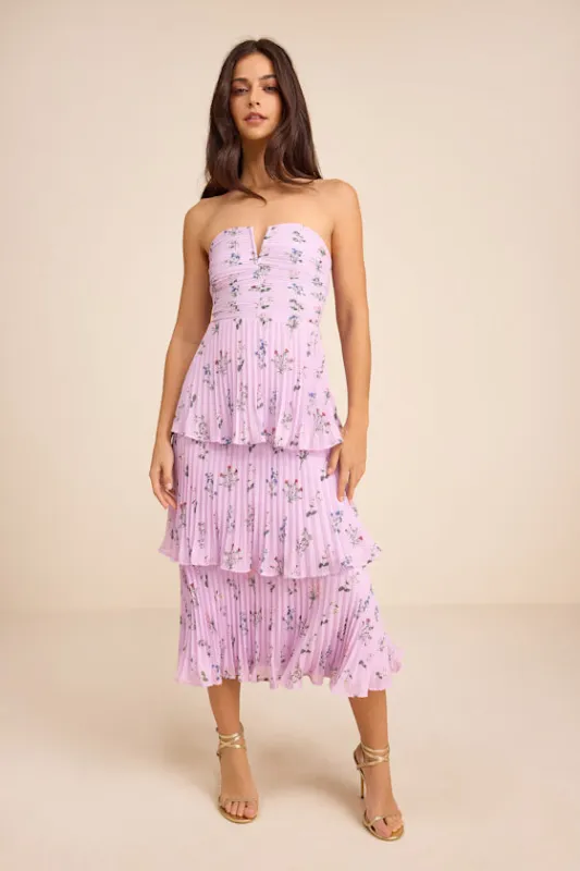 Hadelyn Lavender Floral Pleated Tiered Midi Dress sold by Lulus