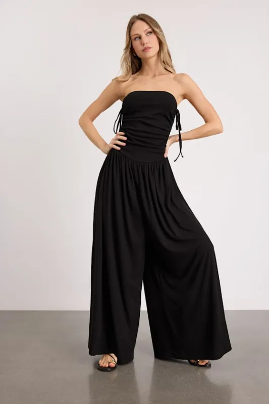 Halloran Black Pointelle Strapless Wide-Leg Jumpsuit made by Lulus