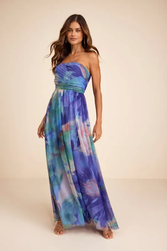 Galilea Blue Multi Floral Strapless Maxi Dress made by Lulus
