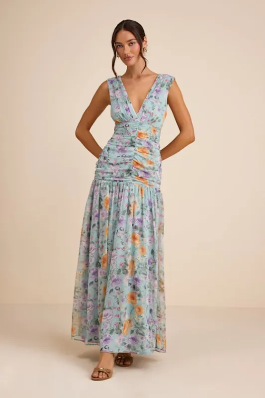 Melisandre Light Blue Floral Drop Waist Maxi Dress sold by Lulus