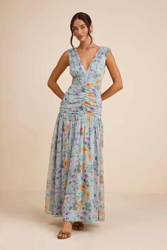 Melisandre Light Blue Floral Drop Waist Maxi Dress sold by Lulus