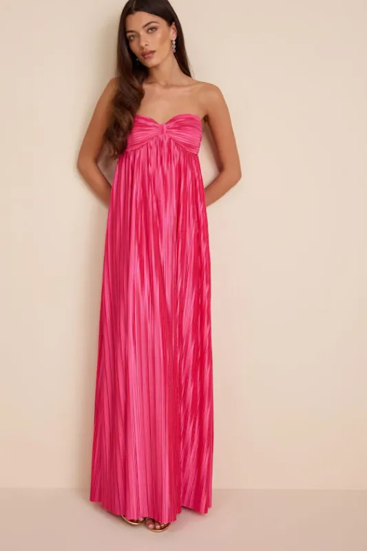 Whimsical Beauty Hot Pink Satin Plisse Strapless Maxi Dress made by Lulus