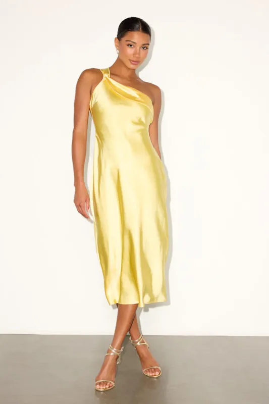 Naima Yellow Satin One-Shoulder Midi Dress sold by Lulus