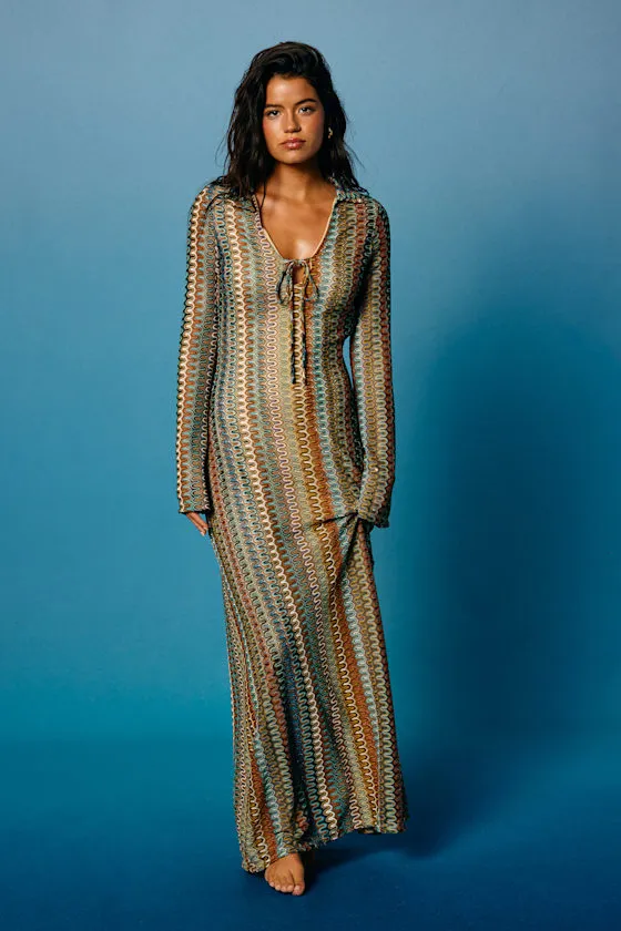 Vernazza Brown Multi Crochet Collared Long Sleeve Maxi Dress sold by Lulus product image thumbnail 2