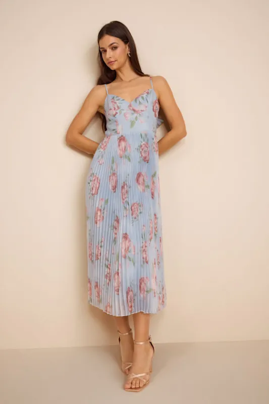 Alondra Light Blue Multi Floral Pleated Midi Dress made by Lulus