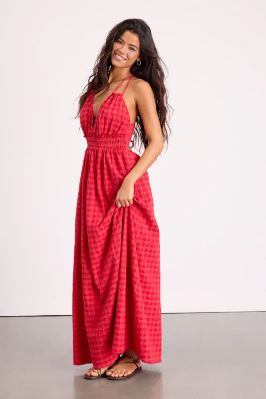 Tamilyn Red Gingham Lace-Up Maxi Dress made by Lulus