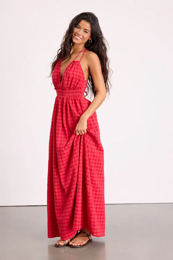 Tamilyn Red Gingham Lace-Up Maxi Dress sold by Lulus