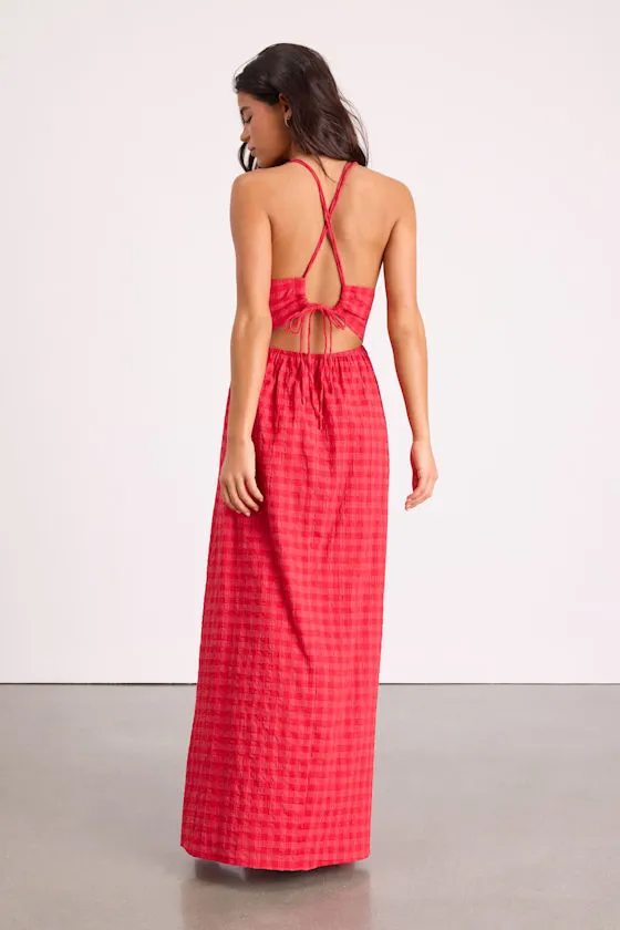 Tamilyn Red Gingham Lace-Up Maxi Dress sold by Lulus product image thumbnail 3