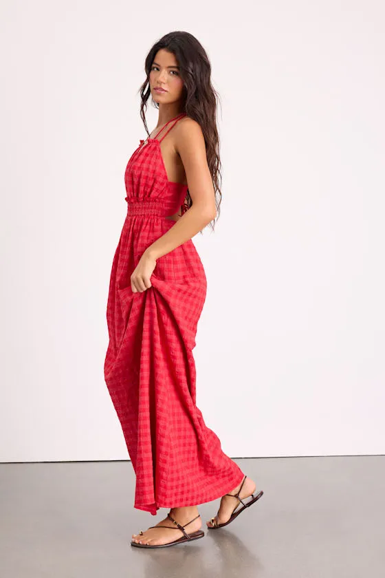 Tamilyn Red Gingham Lace-Up Maxi Dress sold by Lulus product image thumbnail 4