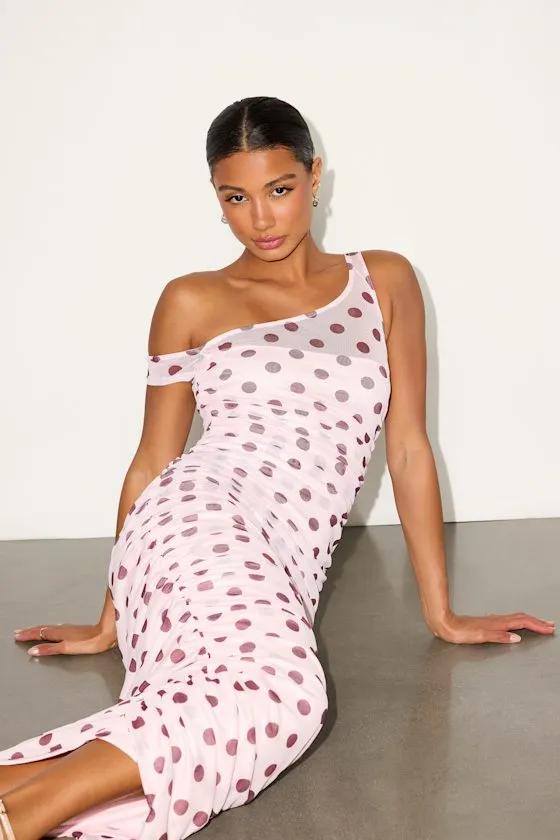 Decca Blush Polka Dot Mesh Ruched Maxi Dress sold by Lulus