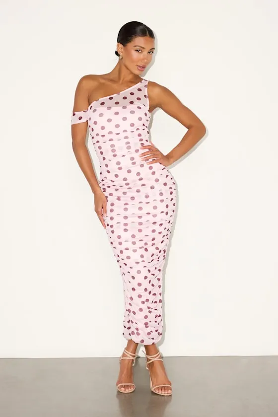 Decca Blush Polka Dot Mesh Ruched Maxi Dress sold by Lulus product image thumbnail 2