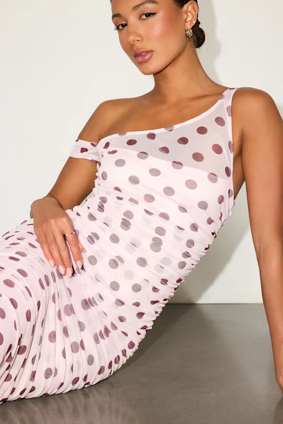 Decca Blush Polka Dot Mesh Ruched Maxi Dress sold by Lulus product image thumbnail 3