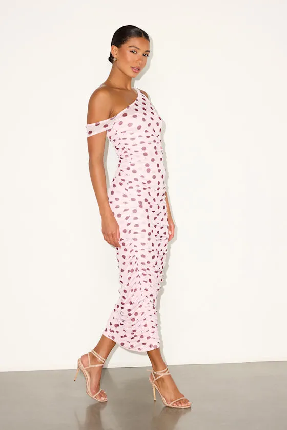 Decca Blush Polka Dot Mesh Ruched Maxi Dress sold by Lulus product image thumbnail 4