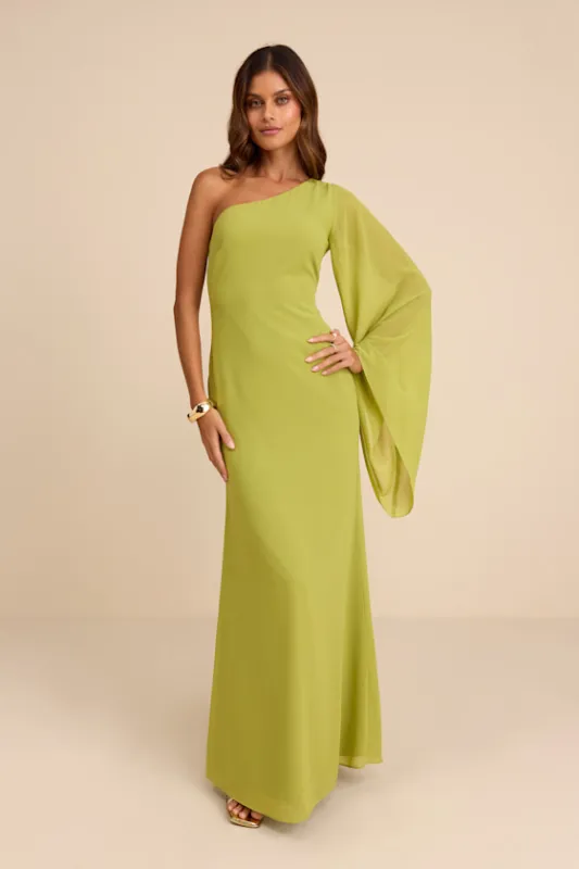 Elizabeth Lime Green One-Shoulder Bell Sleeve Maxi Dress made by Lulus