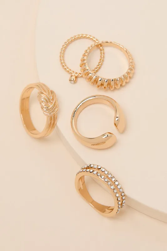 Revita Gold Rhinestone Five-Piece Ring Set sold by Lulus