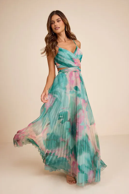 Estelle Teal Blue Floral Pleated Cutout Maxi Dress made by Lulus