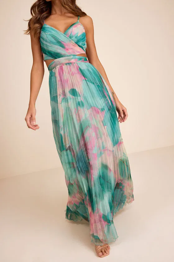 Estelle Teal Blue Floral Pleated Cutout Maxi Dress sold by Lulus product image thumbnail 2