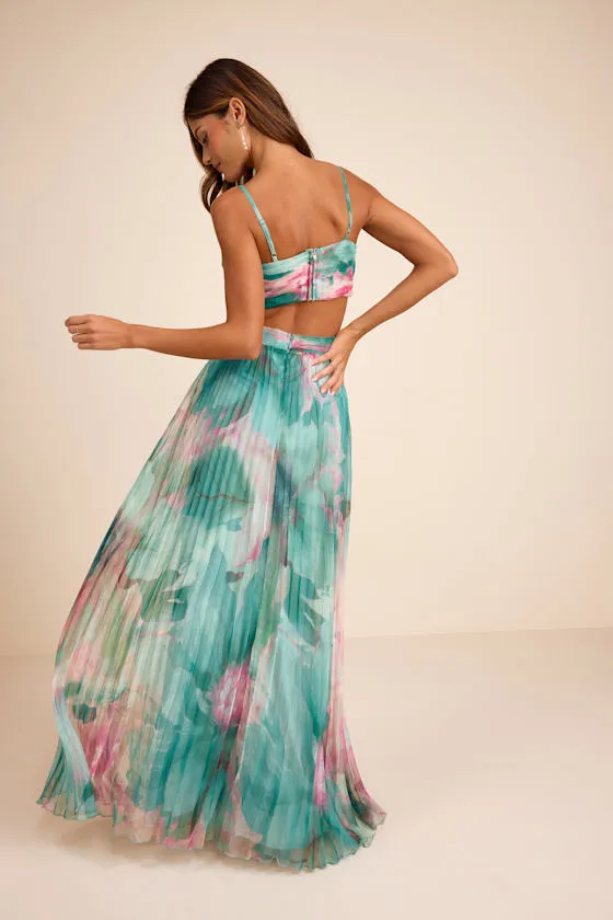 Estelle Teal Blue Floral Pleated Cutout Maxi Dress sold by Lulus product image thumbnail 3