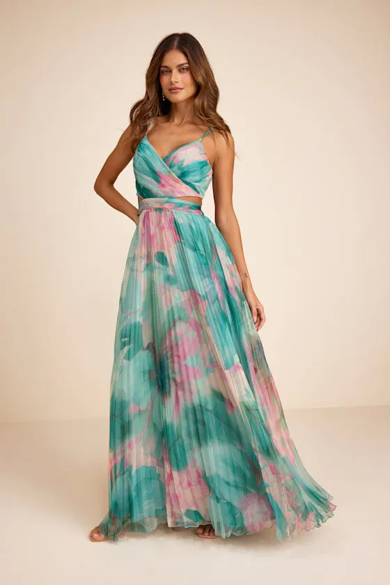Estelle Teal Blue Floral Pleated Cutout Maxi Dress sold by Lulus product image thumbnail 4