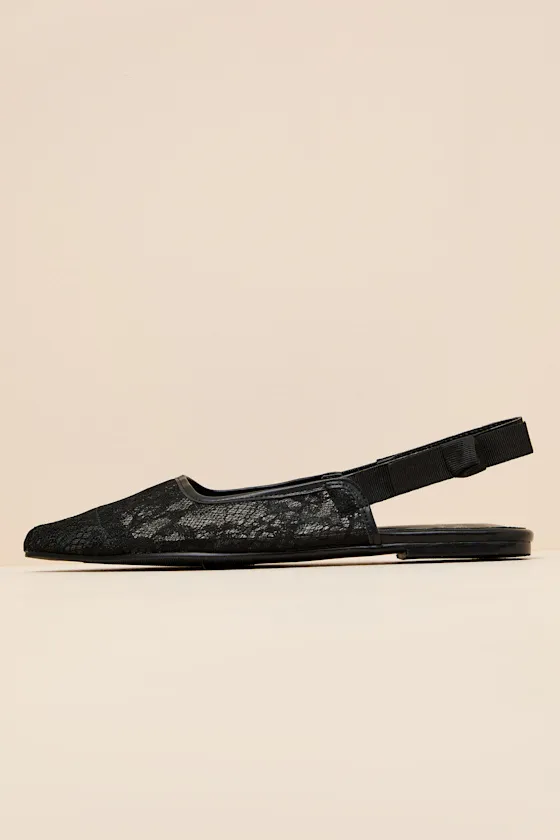 Brianna Black Lace Pointed-Toe Slingback Flats sold by Lulus