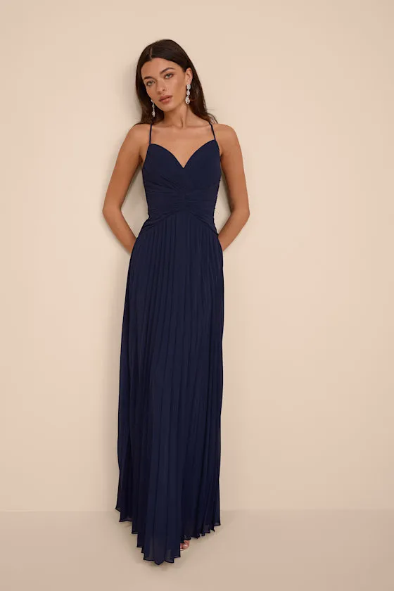 Corella Navy Blue Pleated Backless Maxi Dress sold by Lulus