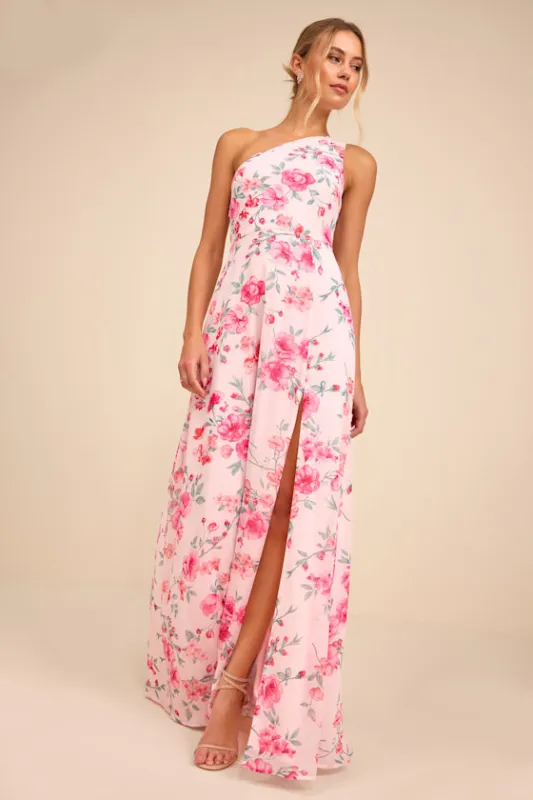 Elegant Admiration Light Pink Floral One-Shoulder Maxi Dress sold by Lulus
