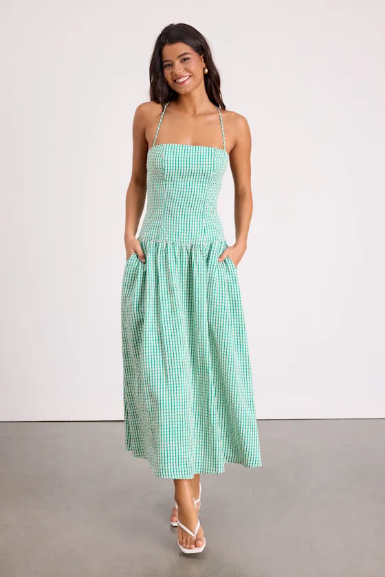 Lanny Green Gingham Lace-Up Midi Dress sold by Lulus