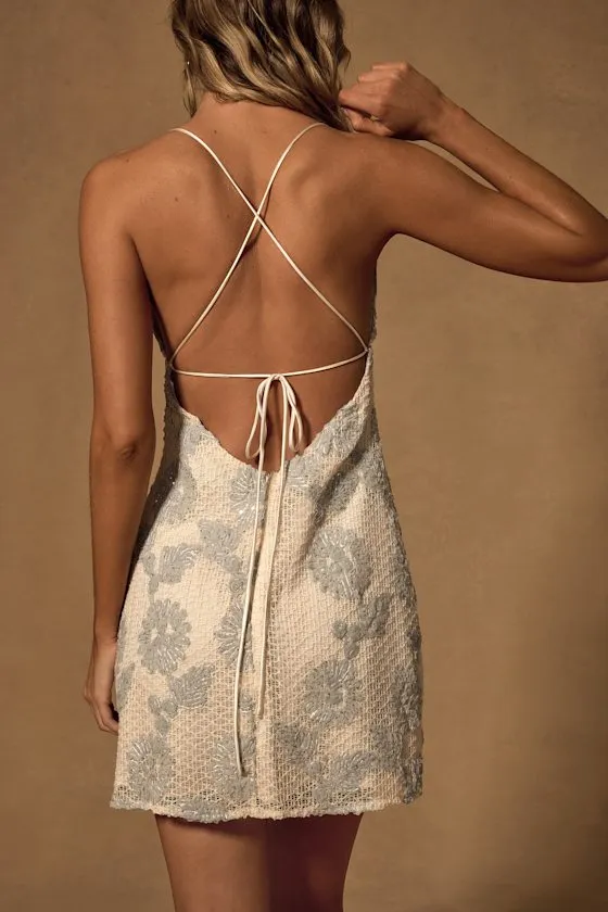 Ginetta Cream Textured Floral Sequin Tie-Back Mini Dress sold by Lulus product image thumbnail 4